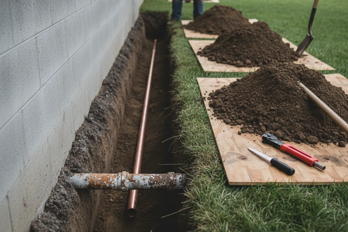 Excavated water line trench during Sewer Line Repair in Mansfield